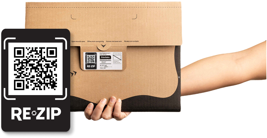 Close-up of a RE-ZIP QR code on reusable packaging