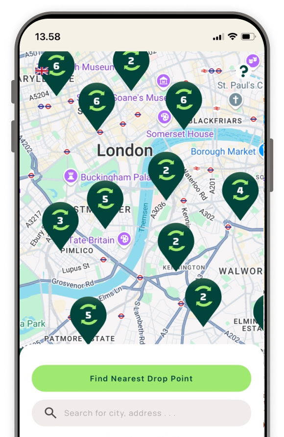 The RE-ZIP web app showing nearby Drop Points on a map